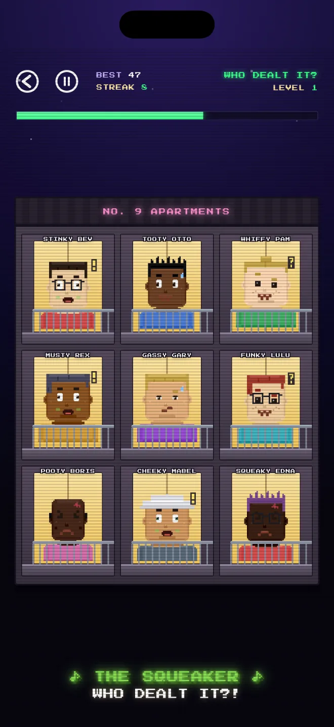 Who Dealt It? on iPhone: nine characters react to a mystery sound.