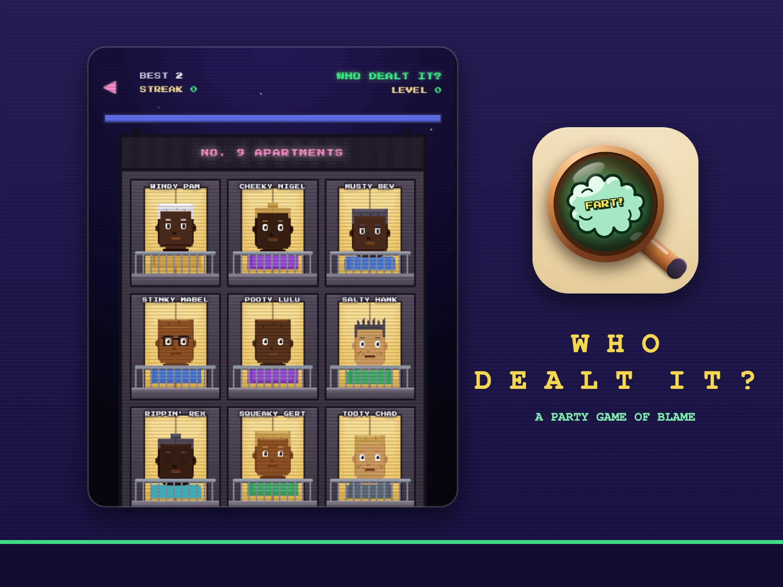 Who Dealt It? &mdash; the No. 9 Apartments grid of nine pixel-art tenants beside the app icon and game logo.